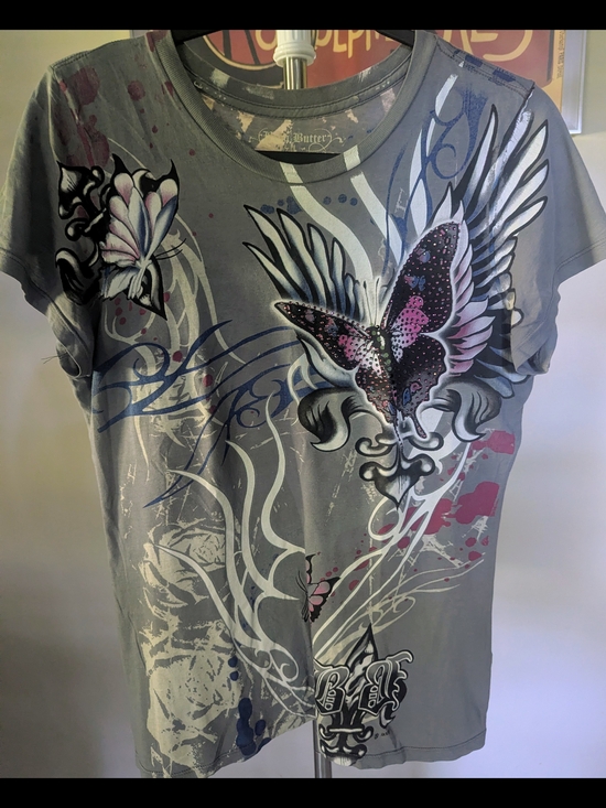 Brad Butter Tops - $9 Brad Butter Size L Y2K Butterfly Fleur De Lis Grunge Beaded Wings